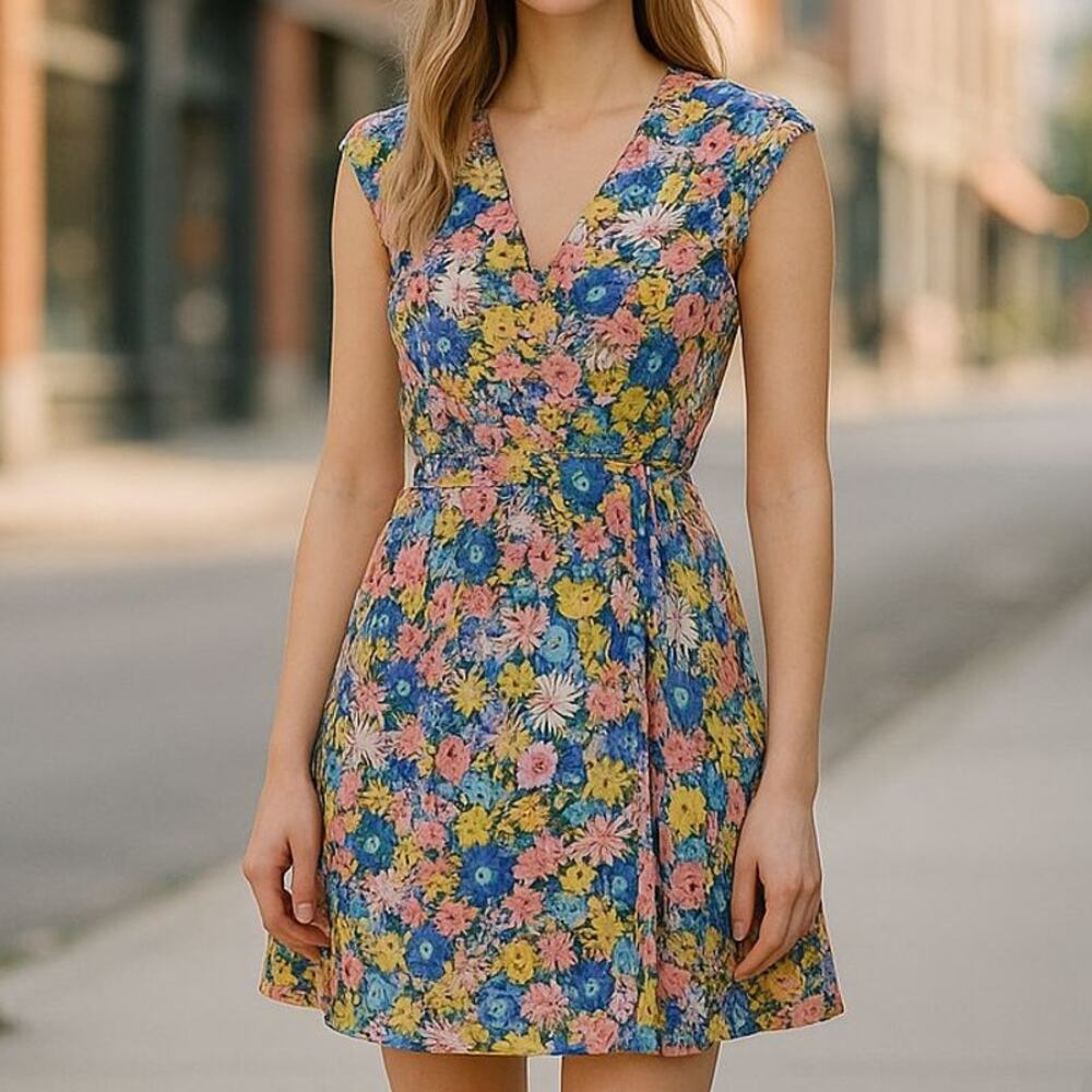 Eliot 100% Silk Pastel Spring Summer Floral Front Wrap Sleeveless Dress Size 4